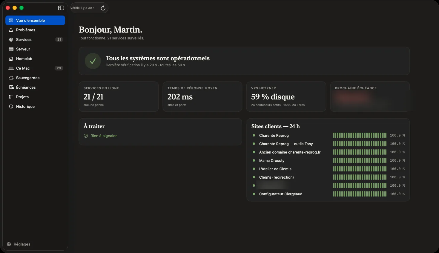 Vigie : tableau de bord de supervision, tous les systèmes opérationnels