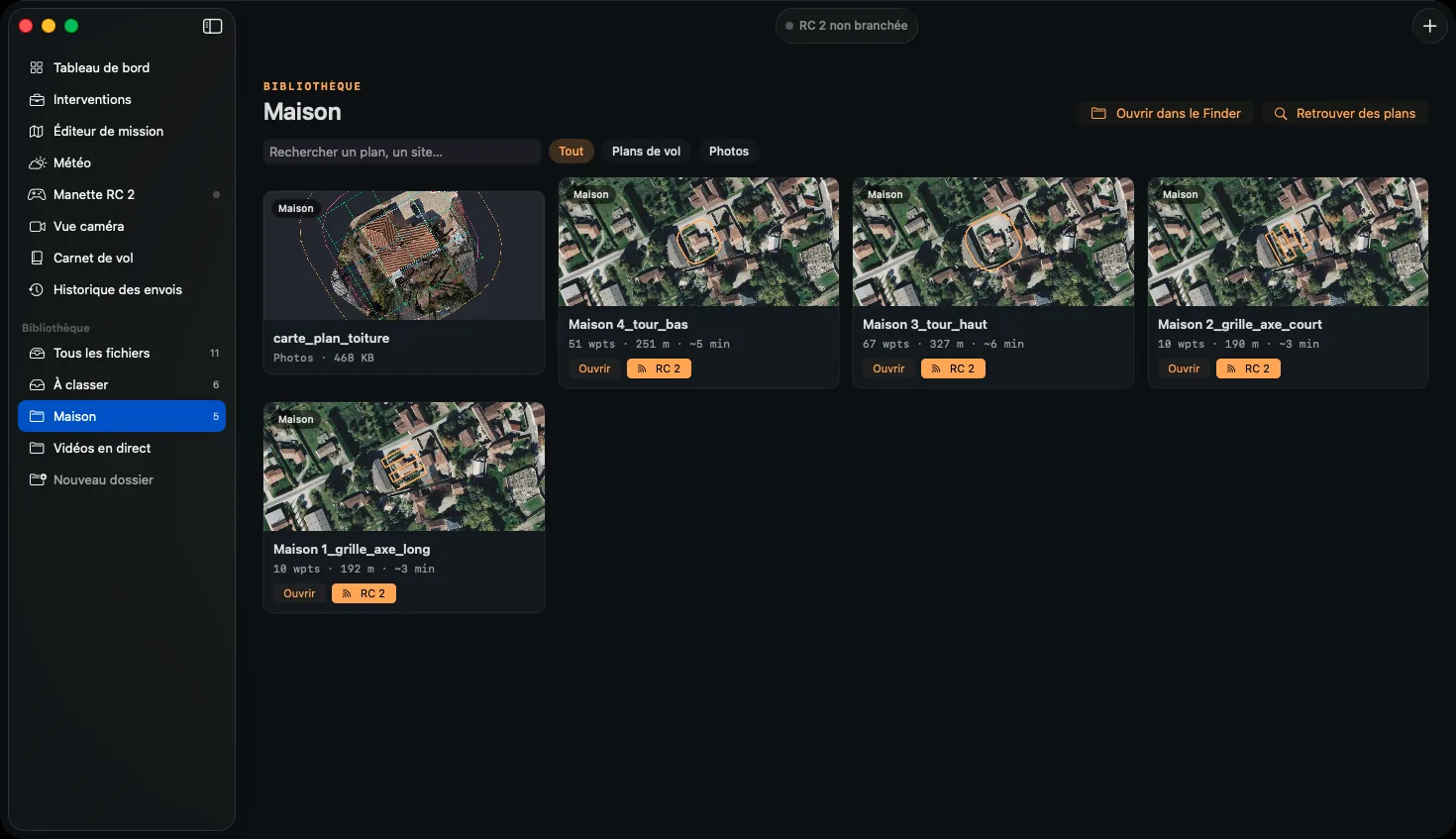 Bibliothèque de Waypoint Studio : plans de vol classés par site avec aperçu satellite