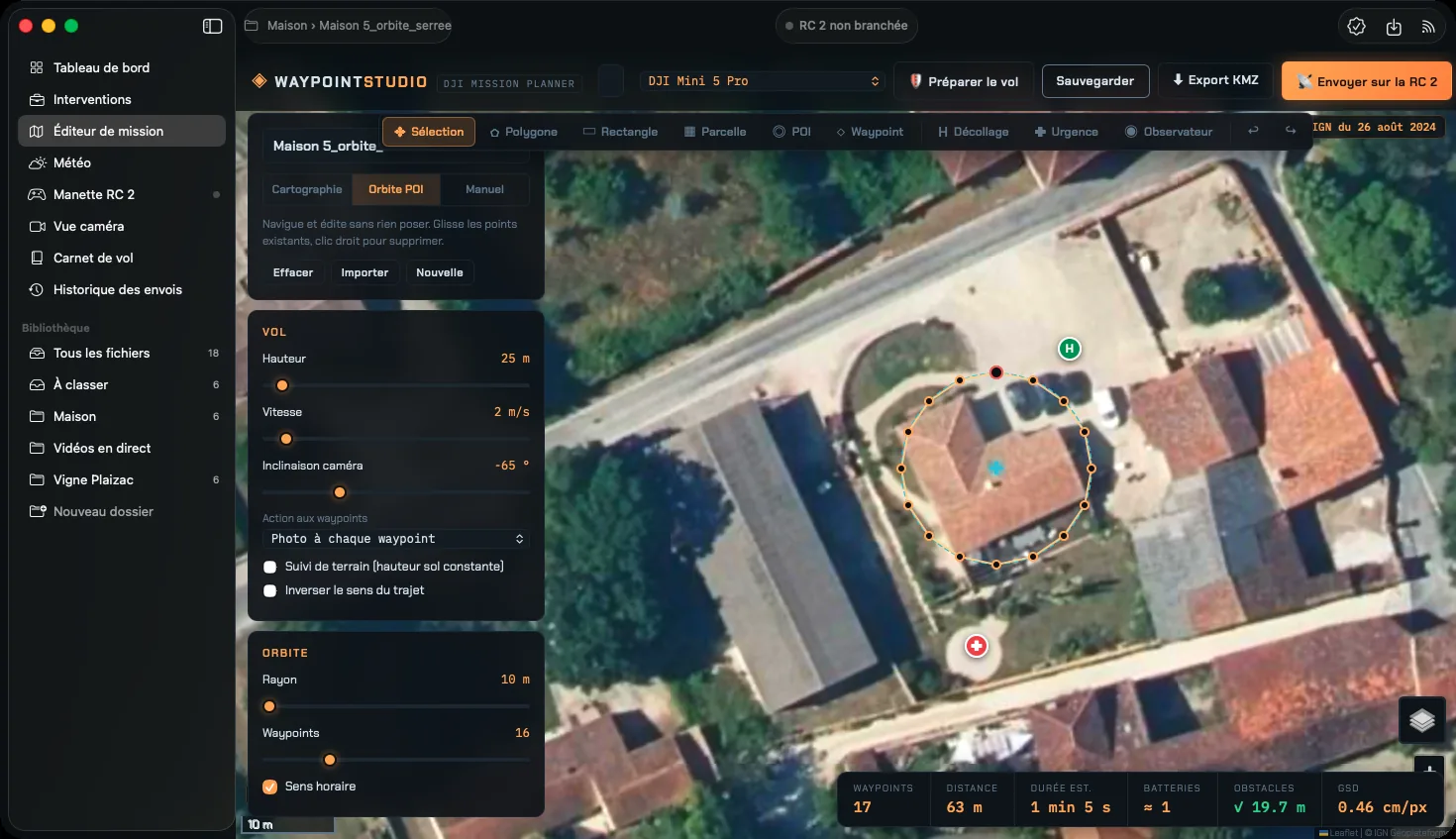 Waypoint Studio, le logiciel de missions drone de Martin Faure : une orbite serrée autour d'une maison