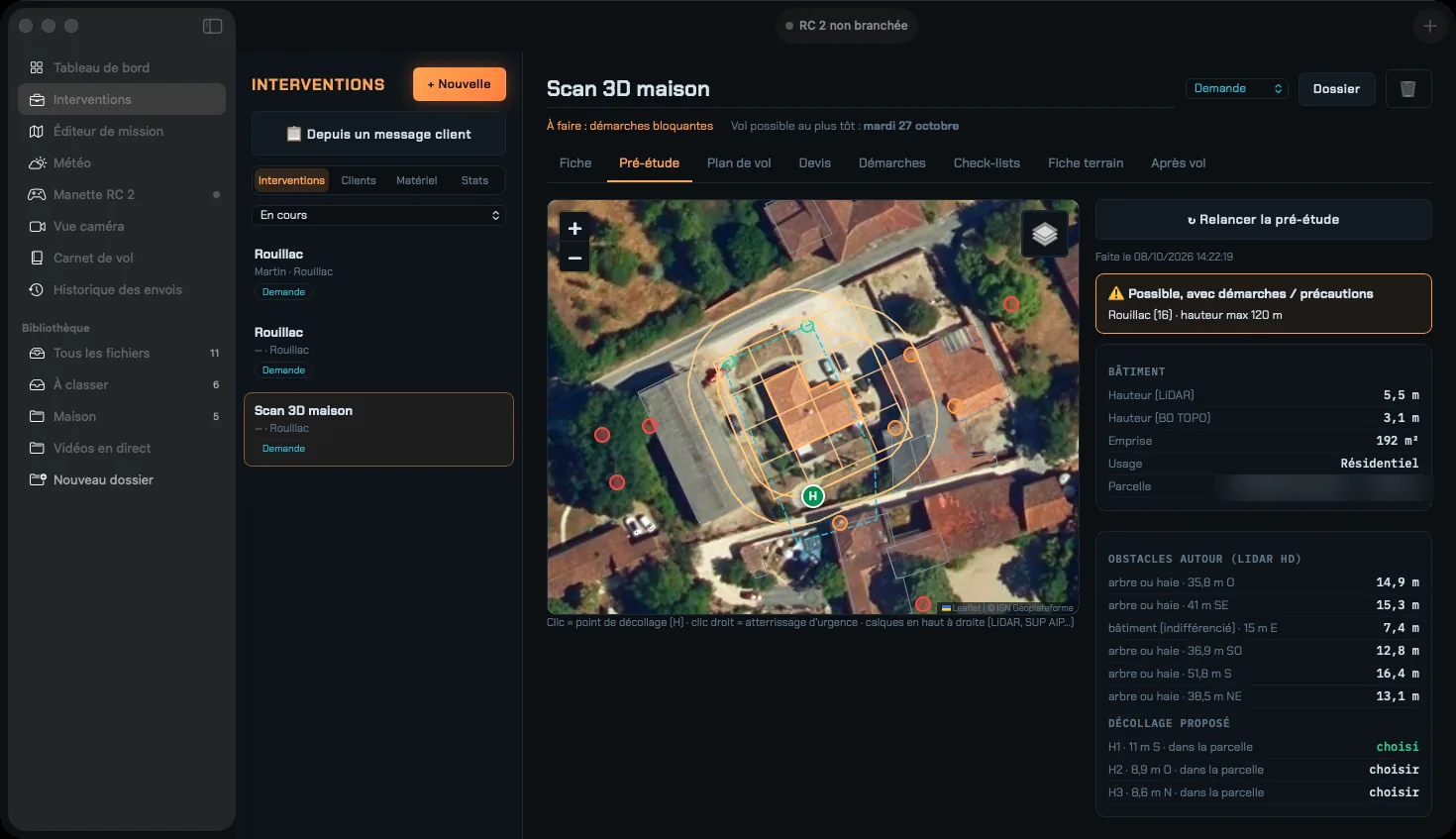 Pré-étude d'un site : carte, obstacles relevés au LiDAR, hauteur du bâtiment et décollage proposé