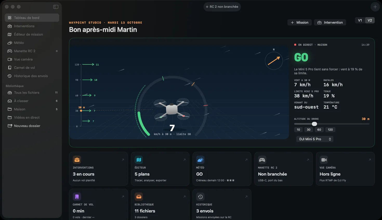 Tableau de bord de Waypoint Studio : météo de vol en direct, vent à 30 m et verdict GO